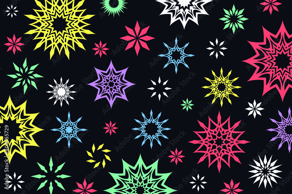 Abstract bright colorful fireworks. Vector illustration with color stars and sparks.