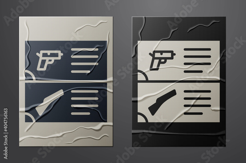 White Weapon catalog icon isolated on crumpled paper background. Police or military handgun. Small firearm. Paper art style. Vector.