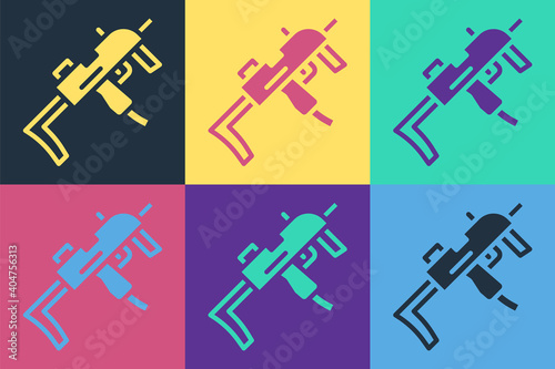 Pop art MP9 submachine gun icon isolated on color background. Automatic weapon. Vector.