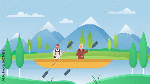 People tourists kayaking in river vector illustration. Cartoon active man woman characters sitting in kayak, traveling and rafting, extreme water sport activity, adventure summer tourism background