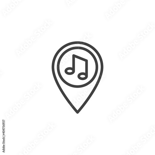 Party location pin line icon. linear style sign for mobile concept and web design. Map maker with music note outline vector icon. Symbol, logo illustration. Vector graphics