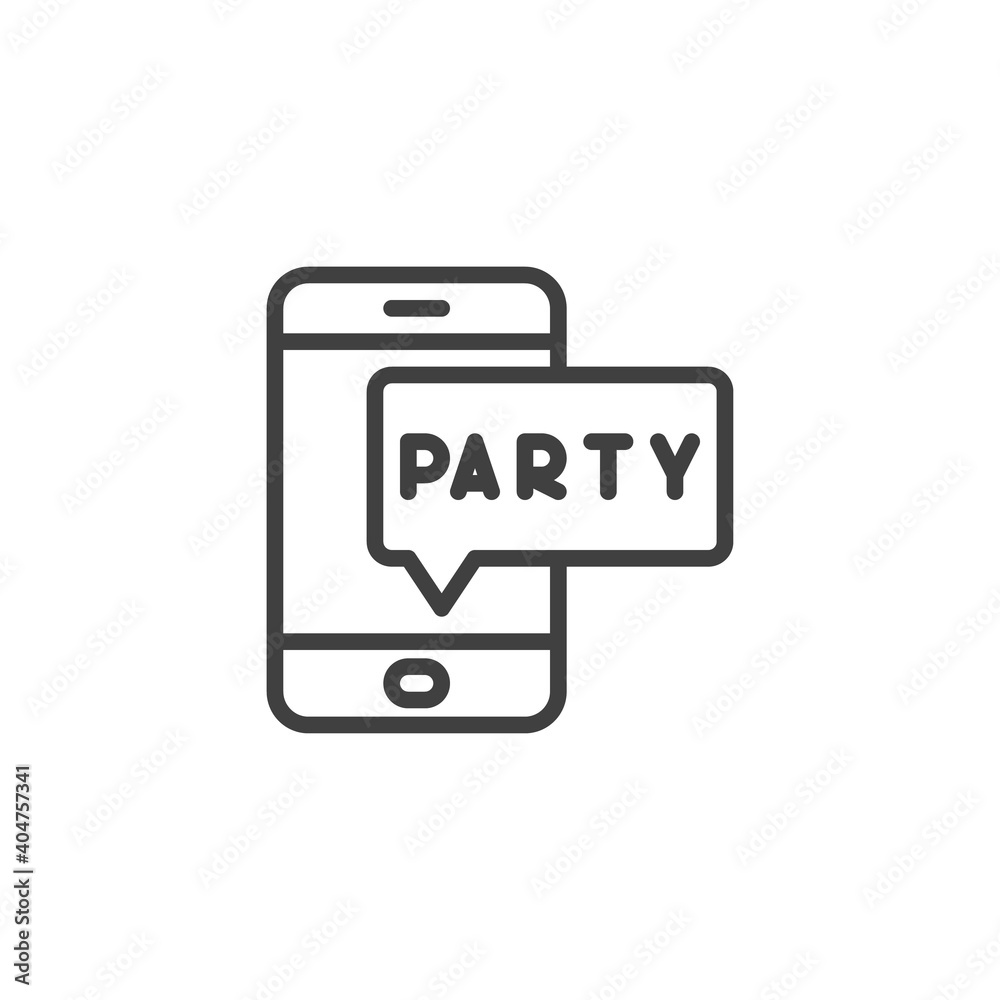 Phone party message line icon. linear style sign for mobile concept and web design. Smartphone with party message outline vector icon. Symbol, logo illustration. Vector graphics Phone party message line icon. linear style sign for mobile concept and web design. Smartphone with party message outline vector icon. Symbol, logo illustration. Vector graphics