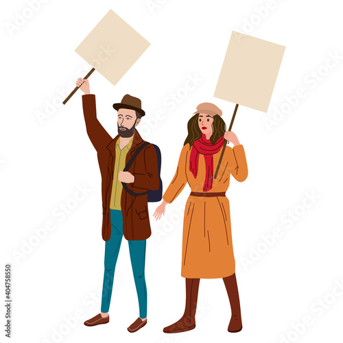Couple Protesters man and woman holding empty banners. Activists protesting, political meeting, strike human rights. Vector illustration
