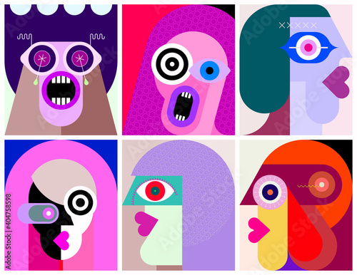Six People Portraits modern art graphic illustration. Six flat design different faces.