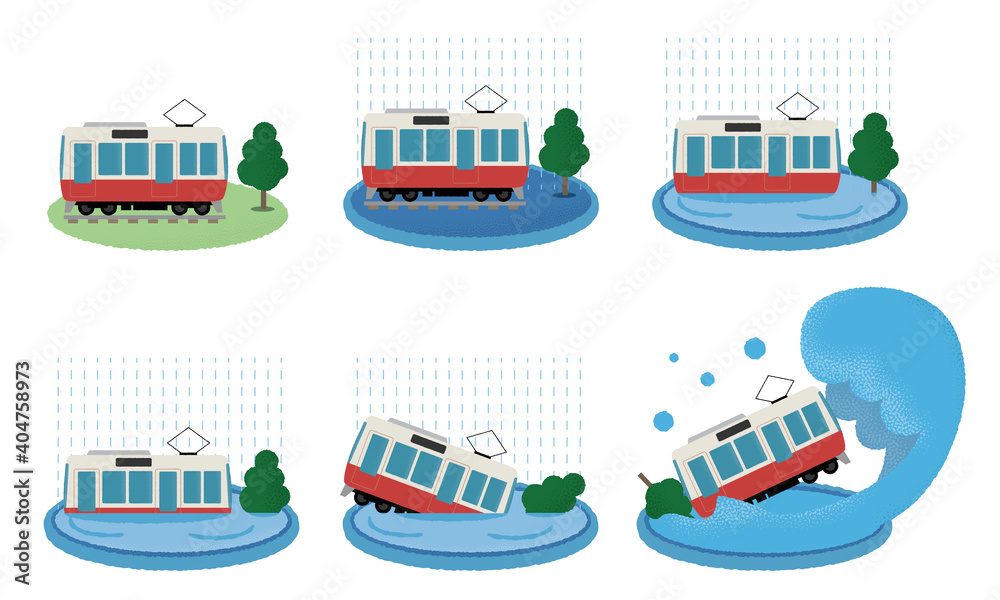 Obraz premium 大雨の被害に遭う電車のベクターイラストセット