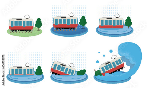 大雨の被害に遭う電車のベクターイラストセット
