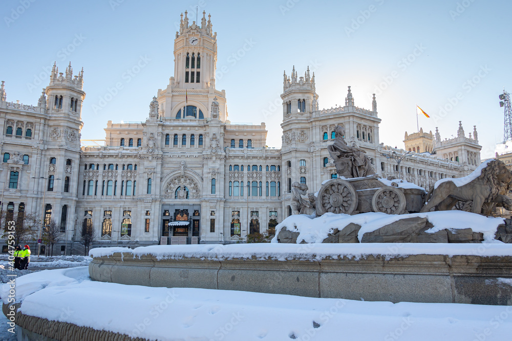 Plaza de la Cibeles in Madrid covered in snow after the storm Filomena passed through the capital. Extreme cold. Nevada in Madrid. Filomena storm.