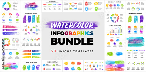 30 Watercolor Infographic presentation templates. Brush strokes banners. Perfect for any industry from business or marketing to drawing and education.