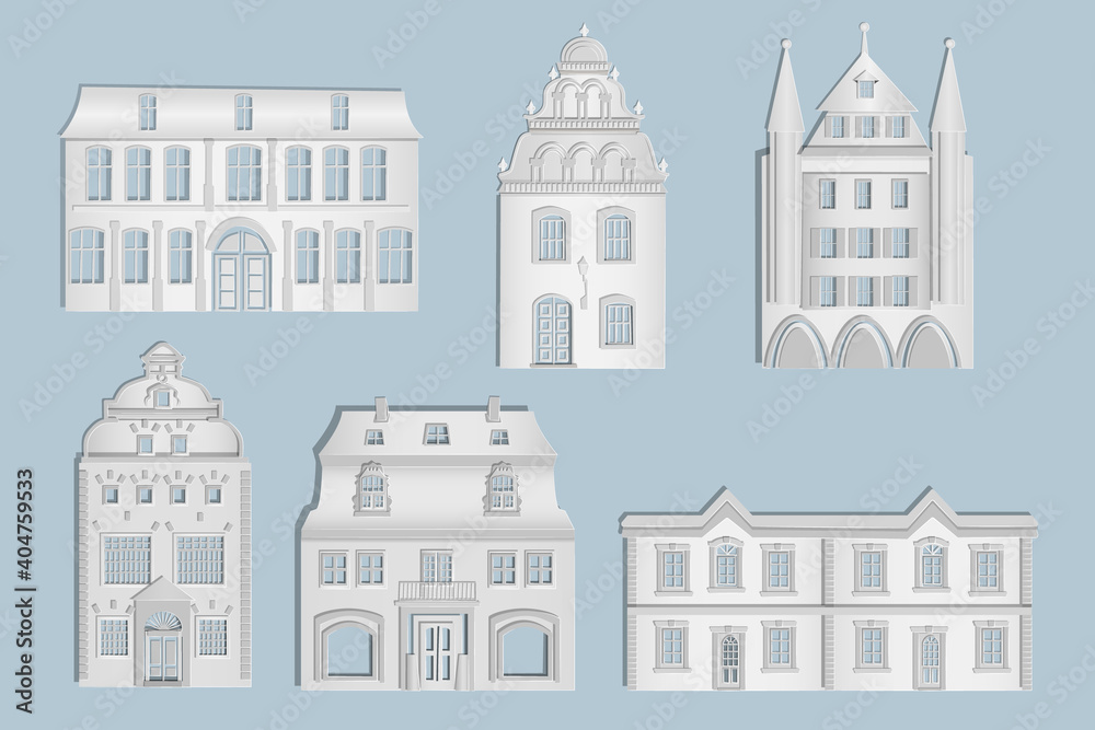White paper houses set on the gray background. Origami city houses with windows and door for real estate banner, house insurance poster, repair, construction, sale infographic. Paper cut design.Vector