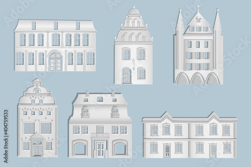 White paper houses set on the gray background. Origami city houses with windows and door for real estate banner, house insurance poster, repair, construction, sale infographic. Paper cut design.Vector