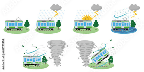 雷雨・竜巻の被害に遭う電車のベクターイラストセット