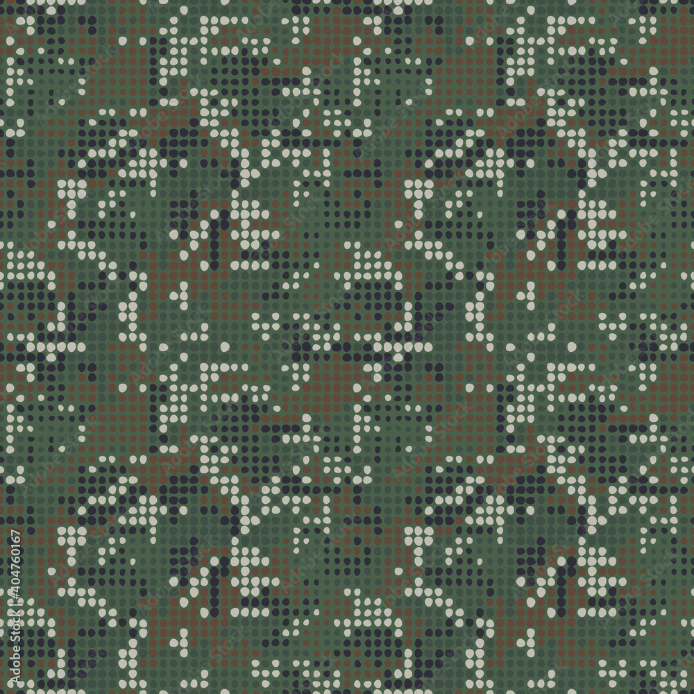 Vector digital camouflage. Green halftone dots design style for clothing print. Seamless camo pattern. Military texture in dots shape. Vector digital camouflage. Green halftone dots design style for clothing print. Seamless camo pattern. Military texture in dots shape.