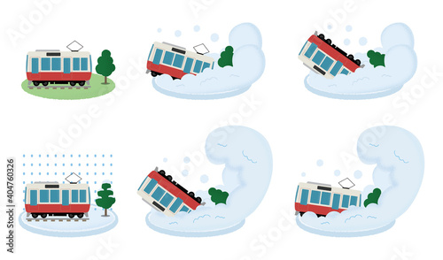 雪崩の被害に遭う電車のベクターイラストセット