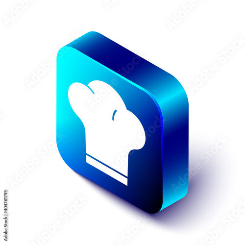 Isometric Chef hat icon isolated on white background. Cooking symbol. Cooks hat. Blue square button. Vector.