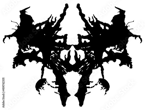 Rorschach inkblot test. Symmetrical abstract ink stains.  Psycho diagnostic for silhouette spot. Vector isolated on white background