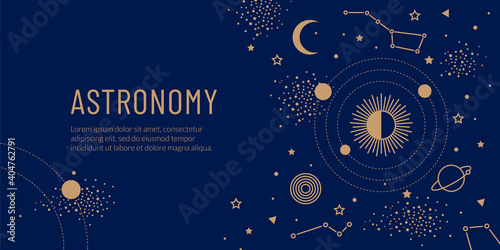 Golden space objects, the sun, planets in orbit and stars on a blue background. Concept for web banner or invitation.