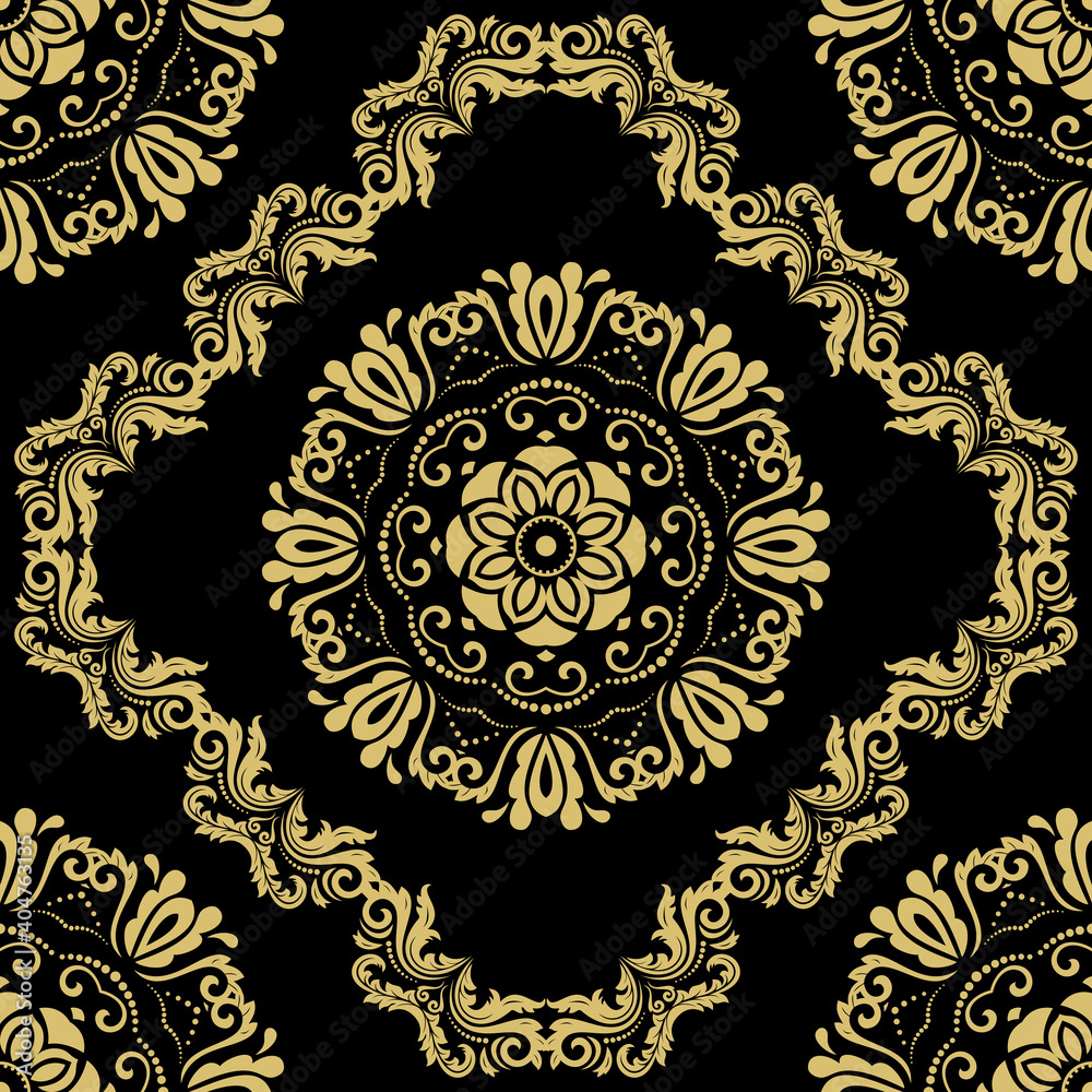 Classic seamless vector pattern. Damask orient ornament. Classic vintage black and golden background. Orient golden ornament for fabric, wallpaper and packaging