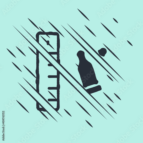 Black Bullet casing as a piece of evidence placed with forensic ruler for documentation icon isolated on green background. Concept of crime scene. Glitch style. Vector.