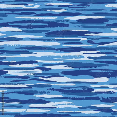 Stroke camo seamless pattern. Dry brush camouflage. Blue paint background. Freehand artistic texture. Hand drawn artistic design wallpaper. Hand drawn vector, expressionism style