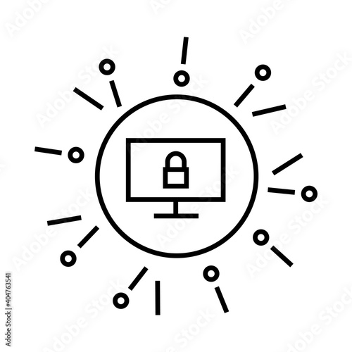 Cybersecurity outline icon. Endpoint protection concept. Locked computer under protection. Simple line art isolated illustration photo