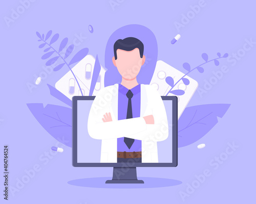 Online doctor medical service concept with doctor in the monitor screen vector illustration. Telemedicine web consultation for patients health care check ups and taking medicine prescription pills.