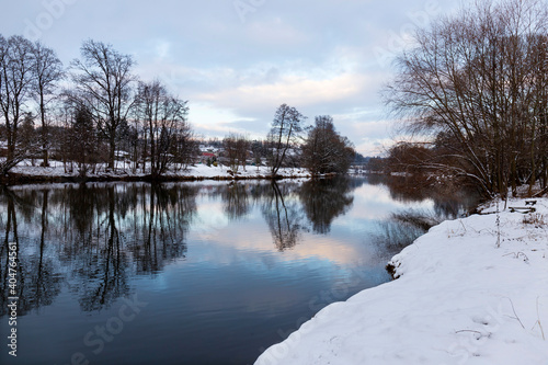 Fototapeta Naklejka Na Ścianę i Meble -  Snowy Landscape in central Bohemia with River Sazava, Czech Republic