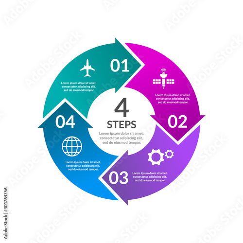 Circle arrows infographic. Cycle graph or chart. 4 steps or options colorful diagram. Business concept presentation template. Annual report layout. Process description. Vector illustration, flat. 