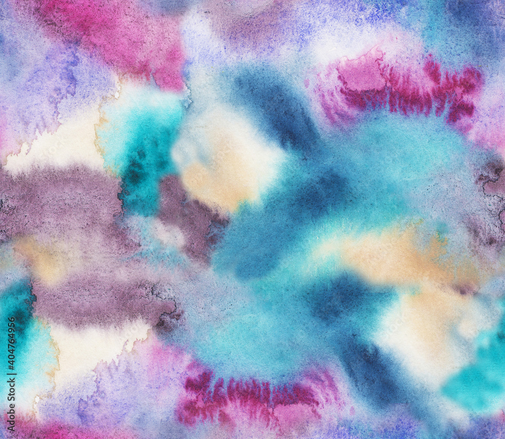 Watercolor background with blue, turquoise, pink and purple spots. Watercolor stains and smudges. seamless pattern