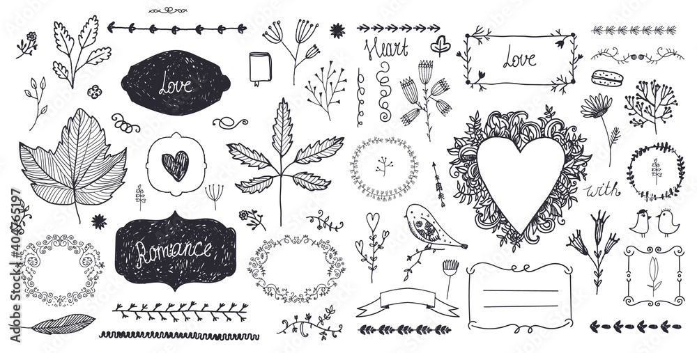 Fotografie Vector set of floral decor, hand drawn doodle frames, dividers, borders, elements