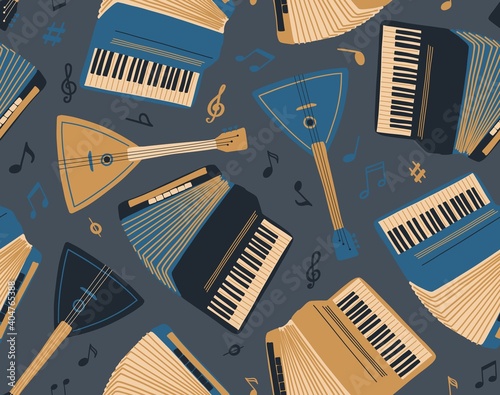 Seamless pattern with accordion, balalaika and sheet music. International Music Day. Vector musical instrument set. Doodle elements