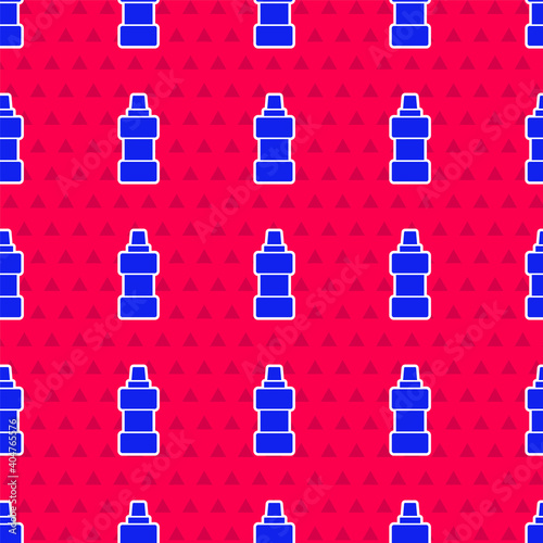 Blue Plastic bottle for laundry detergent, bleach, dishwashing liquid or another cleaning agent icon isolated seamless pattern on red background. Vector.