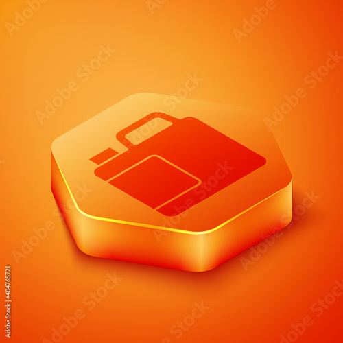 Isometric Plastic bottle for laundry detergent, bleach, dishwashing liquid or another cleaning agent icon isolated on orange background. Orange hexagon button. Vector.