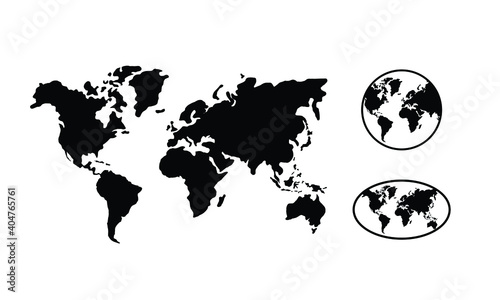 a collection of three world map styles, isolated graphics in a white background, vector designs for graphic elements.