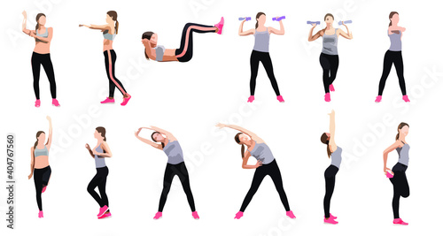 Set of fit young woman stretching and exercising made of simple abstract shapes. Editable vector illustration. 
