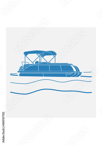 Editable Isolated Flat Monochrome Style Pontoon Boat on Wavy Water Vector Illustration with Blue Color and Semi-Oblique Side View for Artwork Element of Transportation or Recreation Related Design