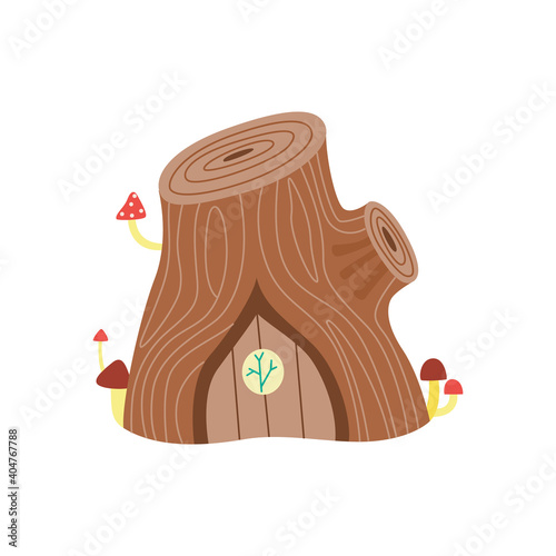 Fantasy gnome house in shape of tree stump flat vector illustration isolated.