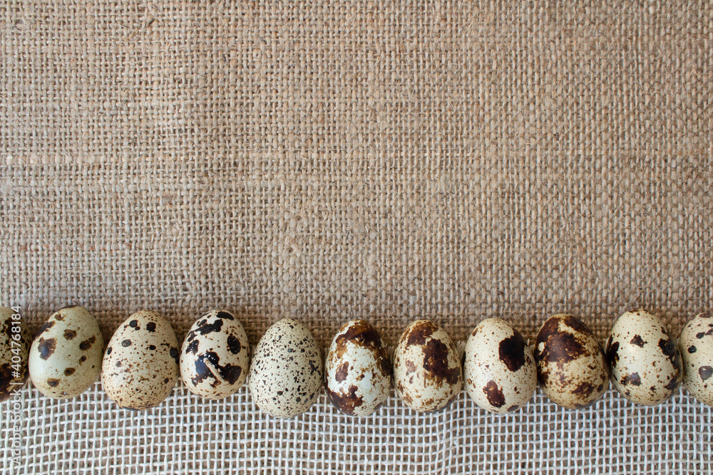 Close up of organic farmer quail eggs on natural burlap, linen or hemp fabric background. Easter and organic food concept with copy space for creative design. Top view Close up of organic farmer quail eggs on natural burlap, linen or hemp fabric background. Easter and organic food concept with copy space for creative design. Top view