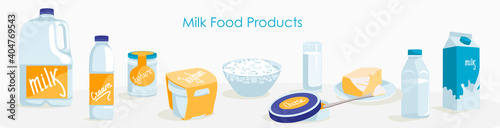 Milk food products set. Natural organic healthy meal. Milk, butter, cottage cheese organic nutritious food, dairy production. Farmers market, food store design flat vector illustration