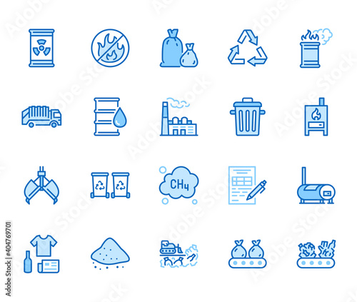 Waste recycling flat line icons set. Garbage bag, truck, incinerator factory, container, bin, rubbish dump vector illustration. Outline signs of trash management. Blue color, Editable Stroke