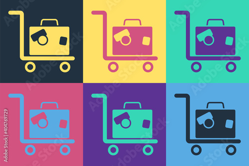 Pop art Hotel luggage cart with suitcase icon isolated on color background. Traveling baggage sign. Travel luggage icon. Vector.