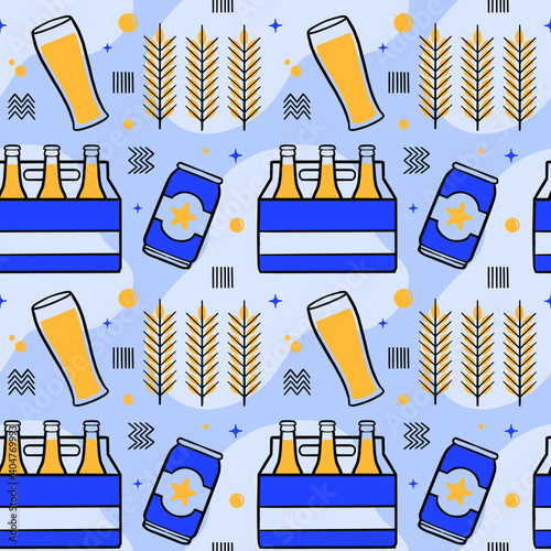 Beer Seamless Pattern with Beer Glass, Wheat, Beer 6-Pack, and Can. You can use this design to create poster, tshirt, cup, pillow, tote bag, pouch, phone case, etc.