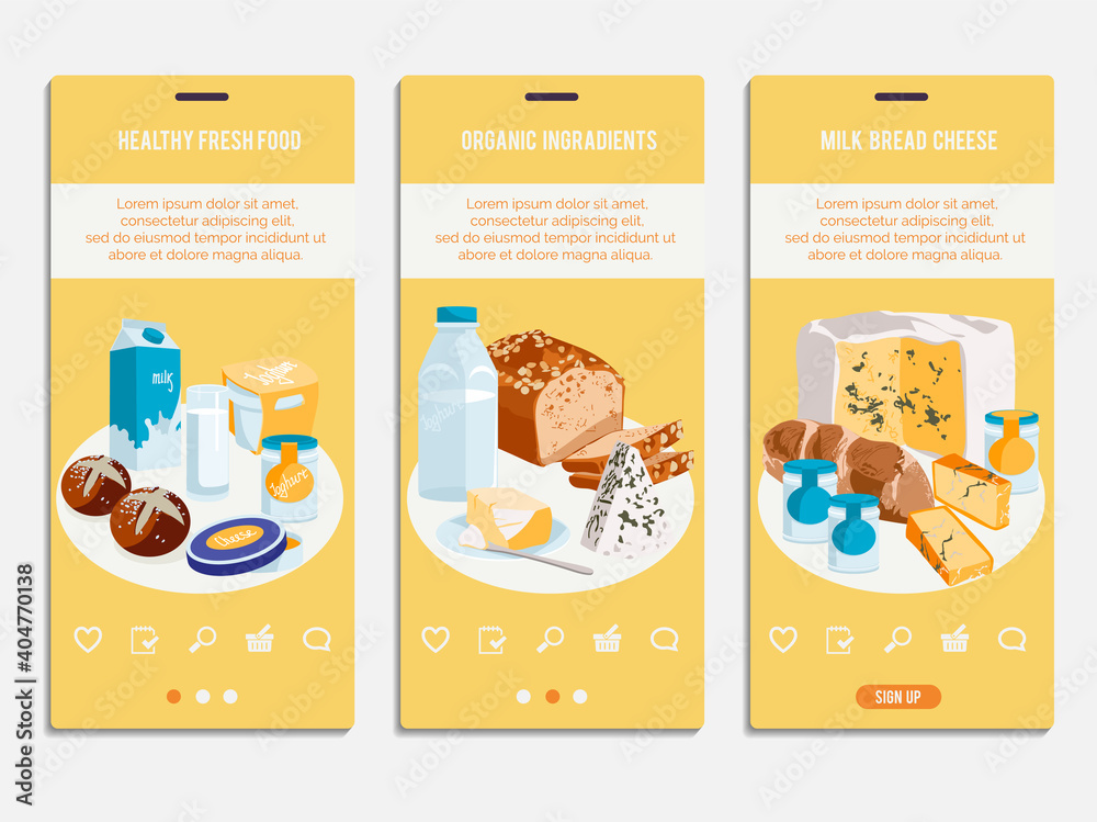 Healthy fresh food onboard screens set. Bread, milk, cheese natural products, organic ingredients mobile app interface. Farmers market, health food online store design flat vector illustration