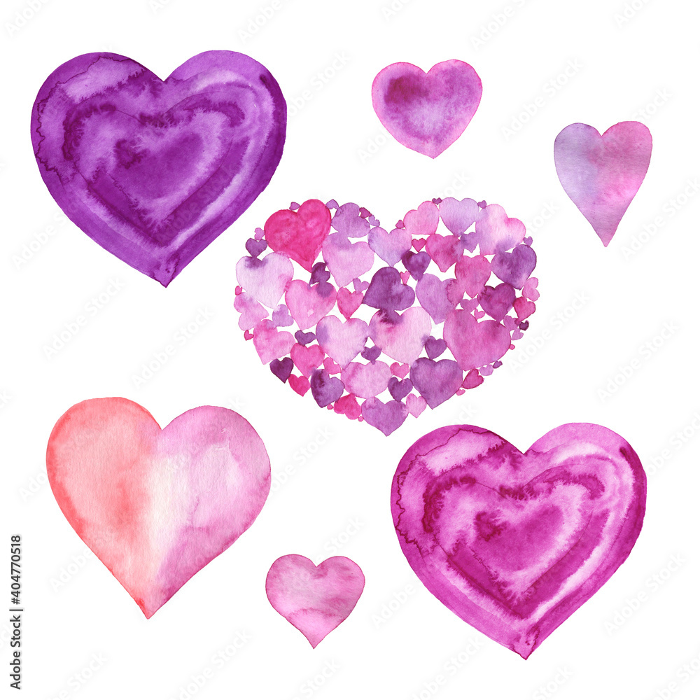 Watercolor hearts illustration. Valentine's Day and love.