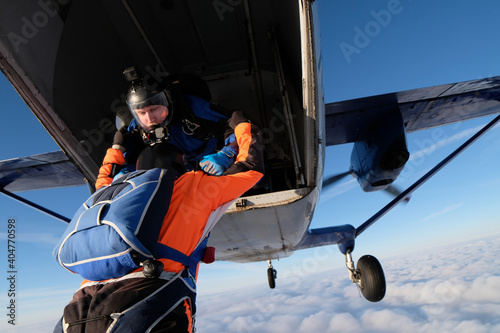 Skydiving. Two skydivers have just jumpred out of a plane.