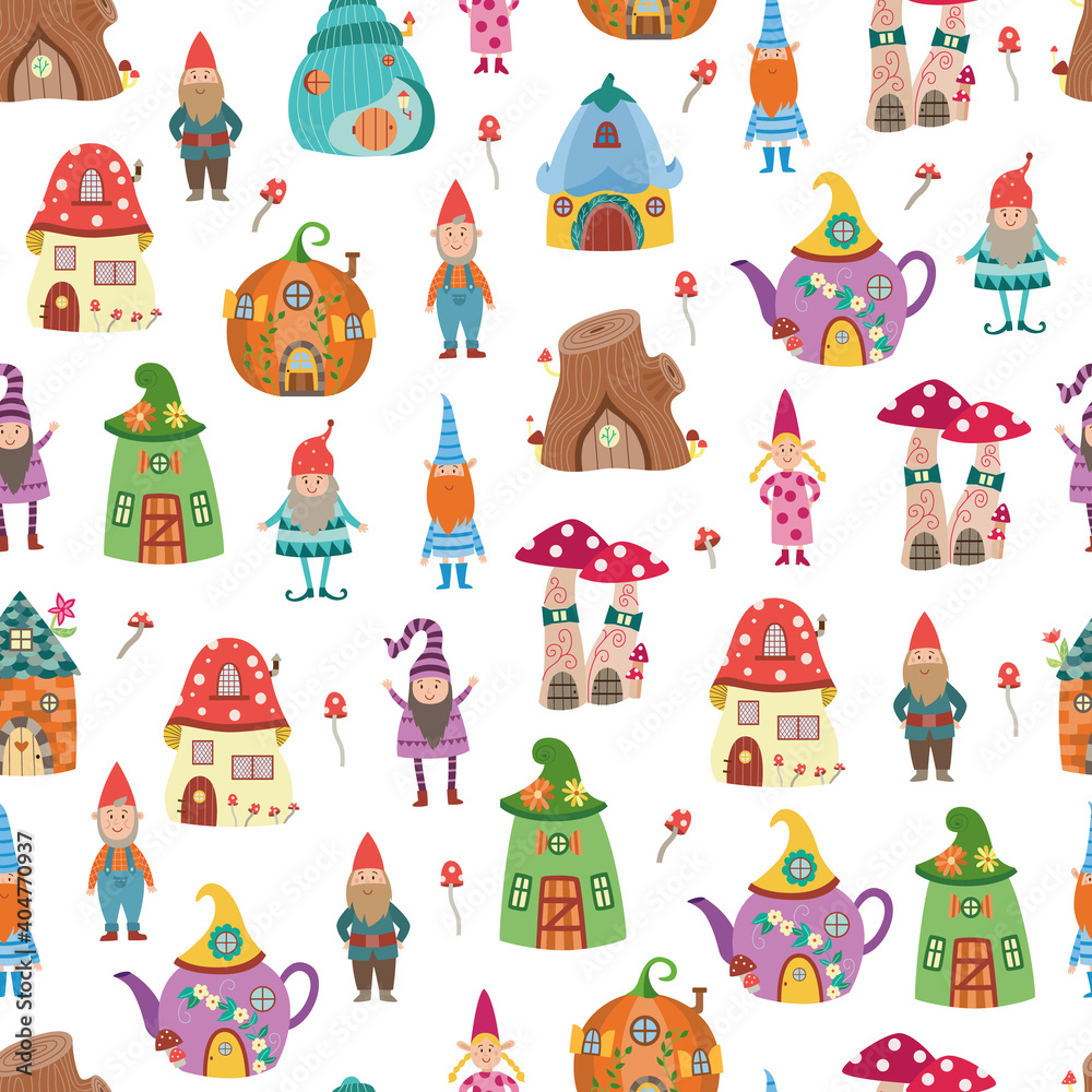 Seamless pattern with gnomes and houses flat cartoon vector illustration. Seamless pattern with gnomes and houses flat cartoon vector illustration.