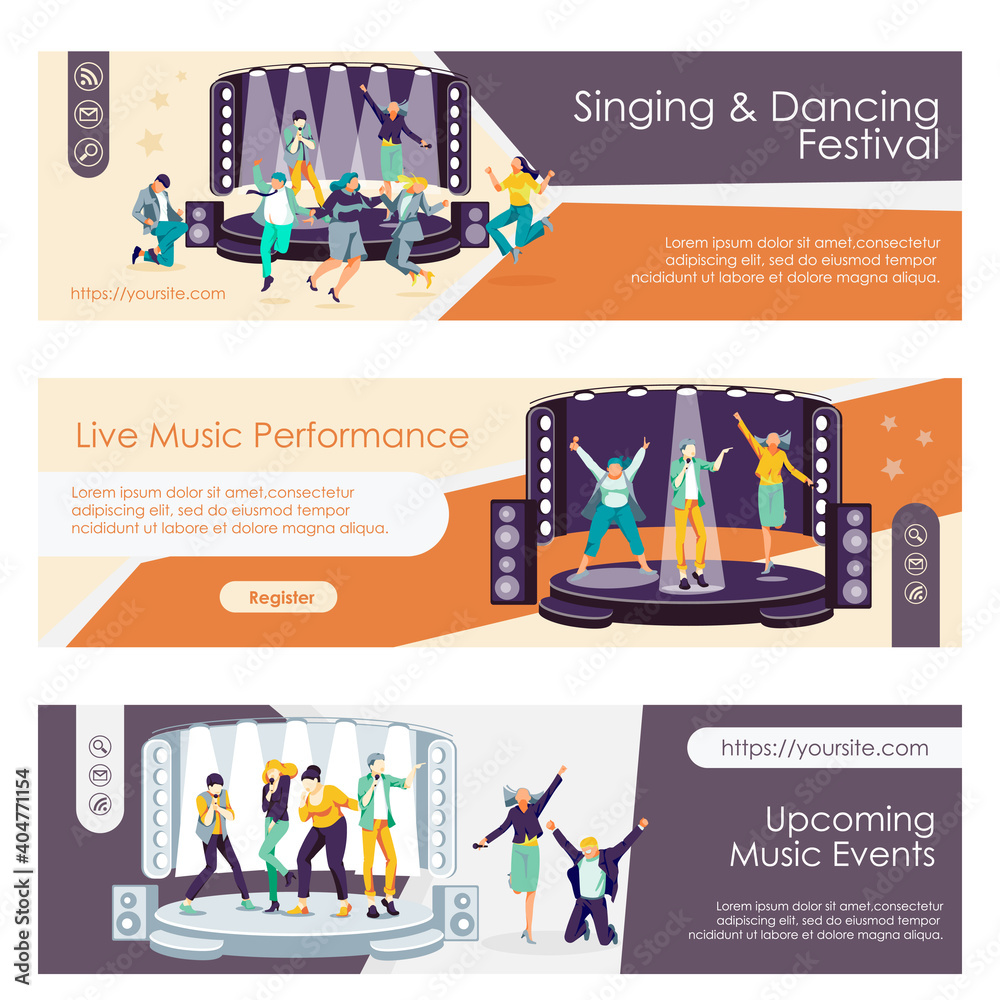 Singing and dancing festival landing page. Live music performance horizontal web banners collection. Upcoming music events flat vector illustration flat vector illustration