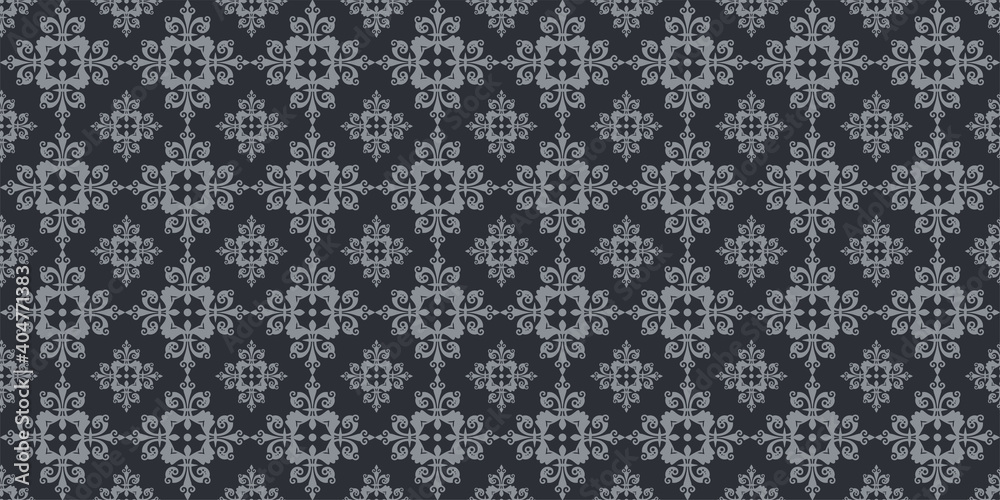 Decorative background pattern with ornament in black and gray colors. Seamless wallpaper texture. Vector graphics Decorative background pattern with ornament in black and gray colors. Seamless wallpaper texture. Vector graphics