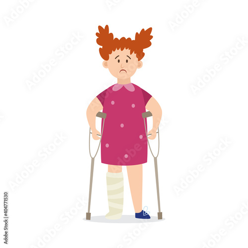 Child girl with injury leaning on crutches flat vector illustration isolated.