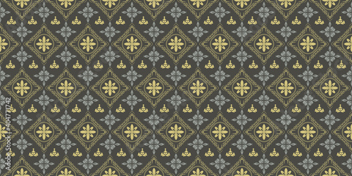 Ethnic background pattern with floral ornaments. gray and golden shades on a black background. Seamless wallpaper texture. Vector graphics