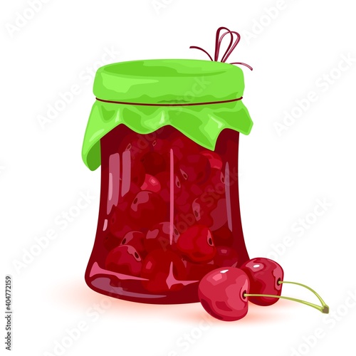 Jam made of mellow summer fruit cheery, farm harvest, homemade canned sweets. Vector small berries with tail, vitamin and nutrition design isolated on white background